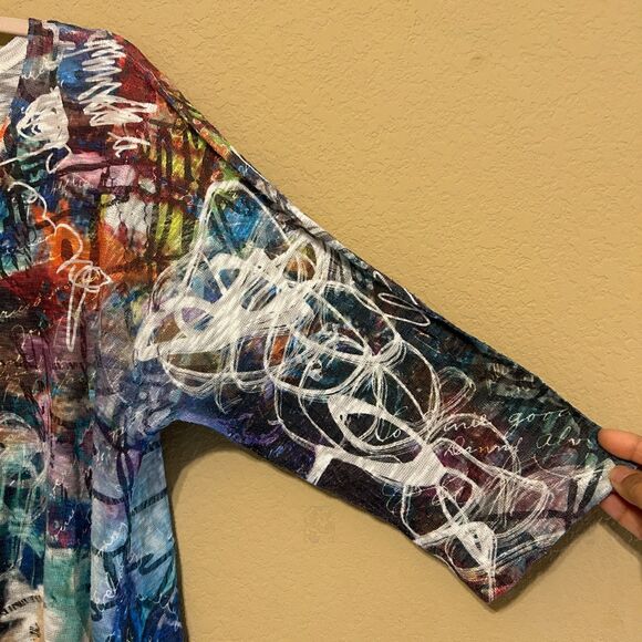 Inoah Knit V Neck Top Womens XL Multicolor Abstract Print 3/4 Sleeve Boho Artsy - Picture 5 of 6